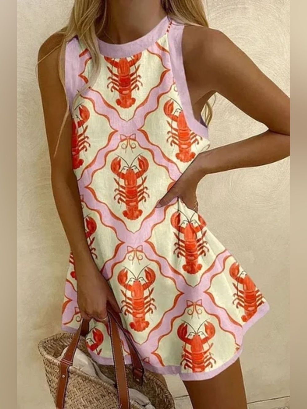 Amazon Lobster-Print Sleeveless Mini Dress - Red & Pink